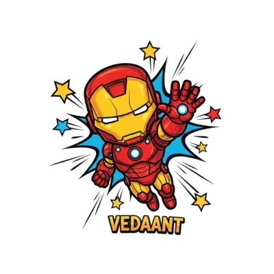 A dynamic cartoon illustration of a cute, friendly Iron Man flying with one arm extended, surrounded by stylized comic book action lines and stars, with the name 'Vedaant' subtly integrated below, vibrant and bold colors.