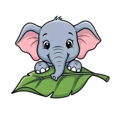 A super cute baby elephant playing hide-and-seek behind a giant green leaf, with big joyful eyes, in a vibrant cartoon style with soft shading, isolated on a white background.