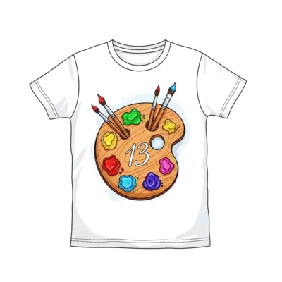 A highly detailed, realistic illustration of an artist's wooden palette adorned with vibrant oil paints, a few delicate brushes, and a subtle '13' painted directly onto the palette in a refined artistic script, with a clean, light background.