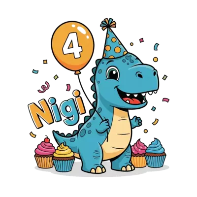 A cheerful, cute baby dinosaur wearing a party hat, holding a balloon with the number '4' on it, surrounded by confetti and colorful cupcakes. The name 'Nigi' is playfully integrated into the scene, cartoon style, vibrant colors.