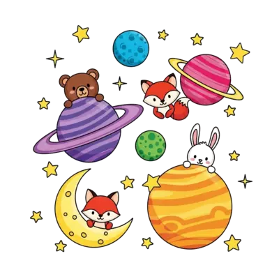 A group of adorable cartoon animals, like a bear, fox, and rabbit, joyfully playing hide-and-seek among colorful planets and twinkling stars in a vibrant, cute cartoon style.