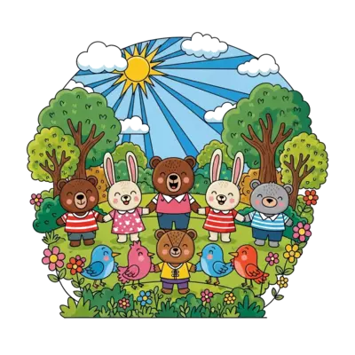 A whimsical illustration of a diverse group of cartoon animals (e.g., bears, rabbits, birds) holding hands and smiling, surrounded by a vibrant, sunny park scene with trees and flowers. The style is cute and friendly, emphasizing togetherness and joy.