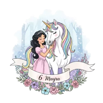 An elegant and dreamy illustration of a beautiful princess, resembling Mayra, gently petting a majestic white unicorn with a shimmering mane and tail. The scene is set in a soft, magical forest with sparkling dust and pastel flowers. The number '6' and 'Mayra' are subtly integrated into the design, perhaps on a delicate banner or as glowing elements, in a watercolor style.