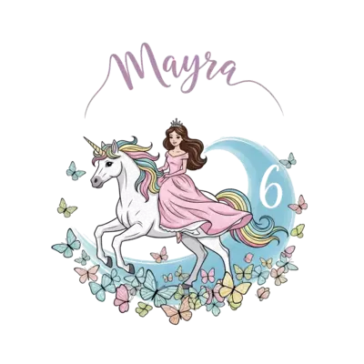 A whimsical illustration of a graceful princess riding a sparkling unicorn through a field of colorful butterflies, with the name 'Mayra' elegantly incorporated into the scene, number 6 subtly integrated into the background, in a soft pastel watercolor style.