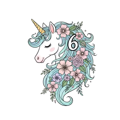A gentle, ethereal illustration of a magical unicorn with a flowing mane made of soft pastel flowers and leaves. The number '6' is subtly woven into the floral design. Dreamy watercolor style, light and airy colors.