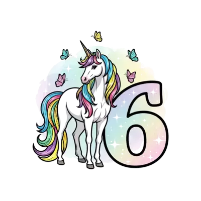 A majestic unicorn with a flowing rainbow mane, adorned with delicate butterflies, standing gracefully beside a magical number '6', set against a soft, dreamy pastel background with sparkling stars. Elegant watercolor style.