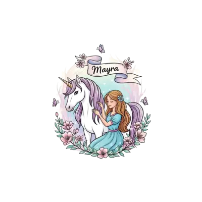 An elegant, whimsical illustration of a beautiful princess with flowing hair, gently petting a majestic unicorn in an enchanted forest. Delicate, glowing flowers and butterflies surround them. The name 'Mayra' is subtly integrated into a floating, ethereal banner. Soft, pastel watercolor style.