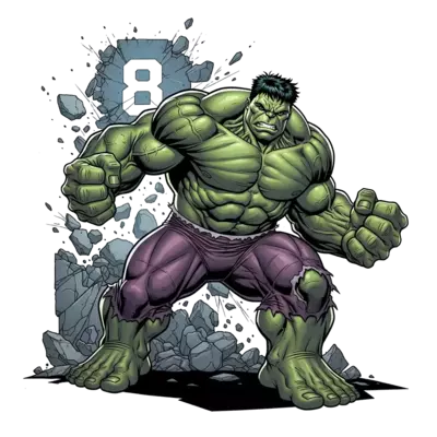 A powerful, detailed illustration of the Hulk in a dynamic action pose, flexing his muscles, with a subtle '8' integrated into the background or a destroyed element, realistic comic book art style, vibrant colors, dramatic lighting.