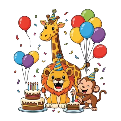 A group of cheerful cartoon jungle animals like a lion cub, a baby monkey, and a giraffe celebrating a birthday party with balloons, a cake, and colorful confetti, in a vibrant, playful illustration style.