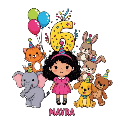 A cheerful cartoon illustration of Mayra, a cute girl, surrounded by her favorite animals: a playful cat, a friendly elephant, a hopping rabbit, a wagging dog, and a cuddly teddy bear, all wearing party hats and holding balloons. The number '6' is prominently displayed with confetti and streamers in a vibrant, kawaii style.