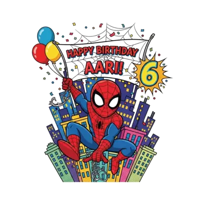 A cheerful, cartoon Spider-Man character in a dynamic pose, swinging through a city skyline with vibrant, comic-book style buildings. He's holding a web banner that boldly says 'Happy Birthday Aari!' with the number '6' playfully integrated into the design, surrounded by colorful confetti and balloons. The art style is vibrant and playful.