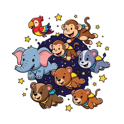 A vibrant illustration of a diverse group of cute, friendly cartoon animals (e.g., a baby elephant, a playful monkey, a little bear, a cheerful parrot) flying in space smiling, surrounded by starry night in a warm, inviting style.