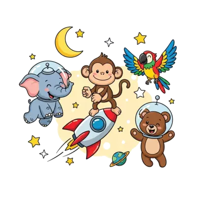 A vibrant illustration of a diverse group of cute, friendly cartoon animals (e.g., a baby elephant, a playful monkey, a little bear, a cheerful parrot) flying in space smiling, surrounded by starry night in a warm, inviting style.