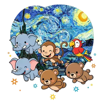 A vibrant illustration of a diverse group of cute, friendly cartoon animals (e.g., a baby elephant, a playful monkey, a little bear, a cheerful parrot) flying in space smiling, surrounded by van gough's starry night in a warm, inviting style.