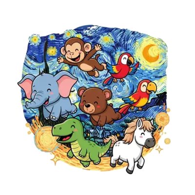 A vibrant illustration of a diverse group of cute, friendly cartoon animals (e.g., a baby elephant, a playful monkey, a little bear, a cheerful parrot, a smily dinosaur,  and an icelandic horse) flying in space smiling, surrounded by van gough's starry night in a warm, inviting style.