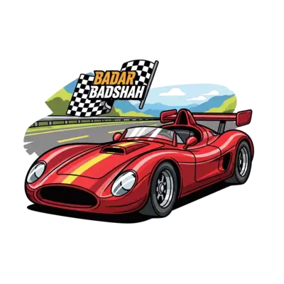 A realistic illustration of a vintage red race car, sleek and detailed, with the name 'Badar Badshah' subtly integrated into a racing flag design, set against a blurred scenic road background, high detail