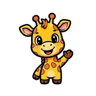 A super cute baby giraffe character, smiling and waving, with big friendly eyes, in a vibrant, playful cartoon style, isolated on a white background.