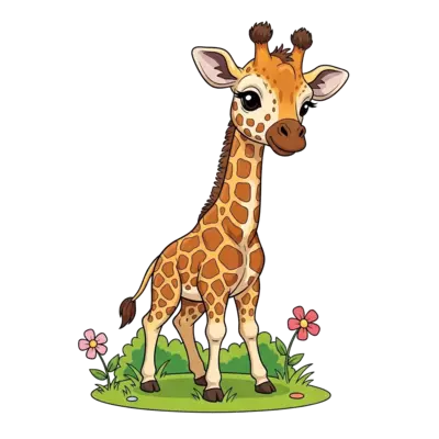 A gentle, realistic baby giraffe with soft, friendly eyes, standing in a lush green field with a few whimsical flowers, in a warm, inviting art style.