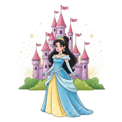 An elegant cartoon princess with a sparkling crown and a flowing gown, standing gracefully in front of a magical castle with whimsical turrets, surrounded by glitter and stars, in a vibrant, storybook illustration style.