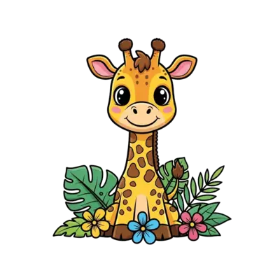 A cheerful cartoon baby giraffe with big, friendly eyes, standing amongst vibrant jungle leaves and flowers, in a bright, playful, and colorful illustration style.