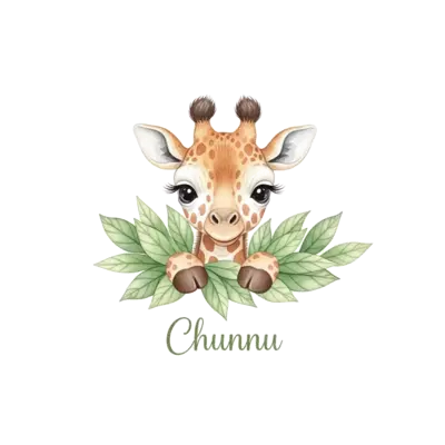 A gentle, soft watercolor illustration of a baby giraffe with long eyelashes, peeking from behind a cluster of lush green leaves, with the name 'Chunnu' subtly integrated below in a delicate script, pastel color palette, whimsical and dreamlike.