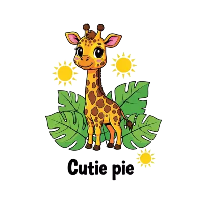 A vibrant, bold, and colorful cartoon baby giraffe illustration, standing tall with a playful expression, surrounded by large, bright green leaves and yellow suns. Text 'Cutie pie' incorporated artistically below the giraffe.