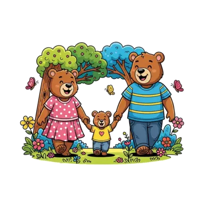 A heartwarming cartoon illustration featuring a family of three adorable, smiling bears (mama, papa, and cub) holding hands and walking through a vibrant, whimsical forest, surrounded by colorful flowers and butterflies. Playful, bright, and cheerful art style.