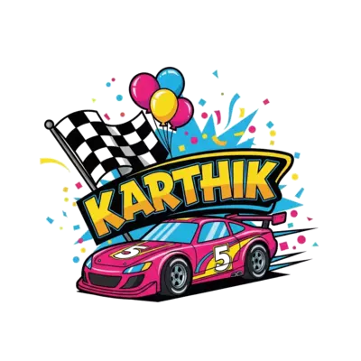A vibrant and funky cartoon race car, number 5 on its side, speeding past a checkered flag. 'Karthik' is playfully integrated into the track or banner, with confetti and balloons in the background, bold and dynamic.