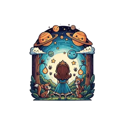 A cute cartoon princess in a whimsical forest, surrounded by friendly woodland animals and sparkling fireflies, looking up at a sky filled with adorable, smiling planets and stars, vibrant colors, storybook illustration style.