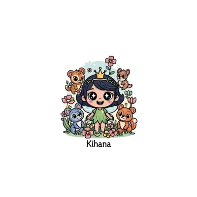 A whimsical cartoon illustration of a joyful fairy princess named Kihana, with big sparkling eyes and a tiny crown, surrounded by friendly forest animals and colorful flowers, in a soft pastel palette.