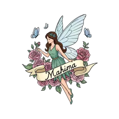 A graceful, classic illustration of a fairy with delicate, shimmering wings, surrounded by blooming roses and soft butterflies, in a pastel watercolor style. The name 'Mahima' is elegantly incorporated into a flowing ribbon or vine.