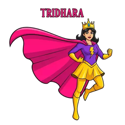 A dynamic illustration of a superhero princess named Tridhara, striking a powerful pose with a flowing cape and a sparkling crown, in a vibrant comic book art style with bold lines and bright colors.