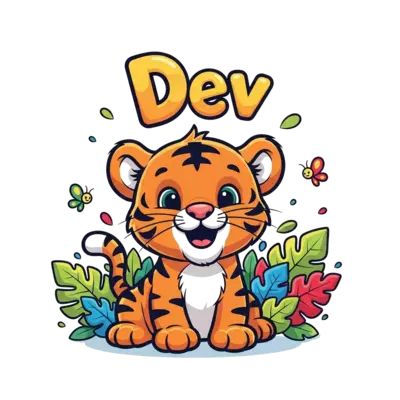 A super cute, friendly cartoon baby tiger cub smiling playfully, with the name "Dev" written in a bubbly, cheerful font above it, surrounded by colorful jungle leaves and tiny, happy butterflies, vibrant and bright.
