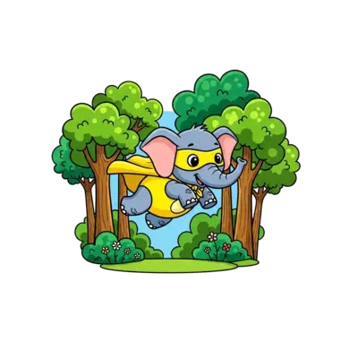 A cheerful cartoon baby elephant dressed as a superhero flying through a vibrant forest with lush green trees and tiny flowers, in a cute, playful style with a dominant lemon yellow color palette.