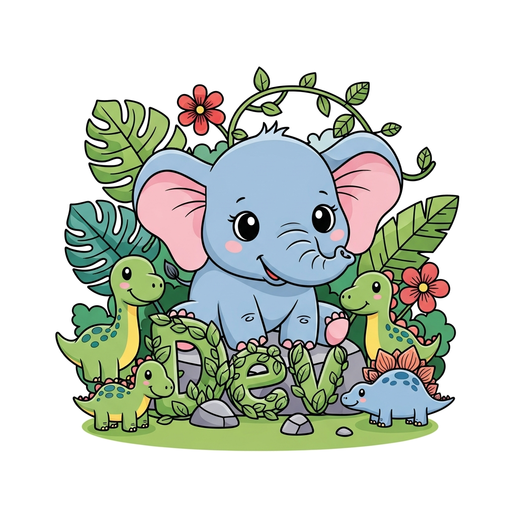 Custom design: A super cute cartoon baby elephant happily exploring a lush green jungle, surrounded by friendly, tiny cartoon dinosa...
