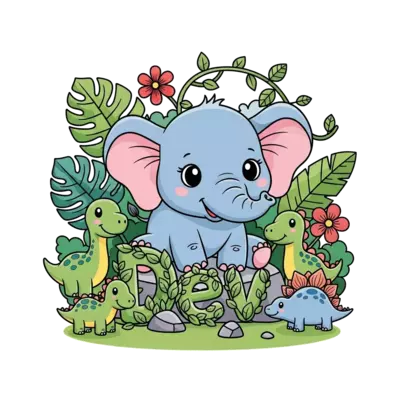 Design: A super cute cartoon baby elephant happily exploring a lush green jungle, sur...