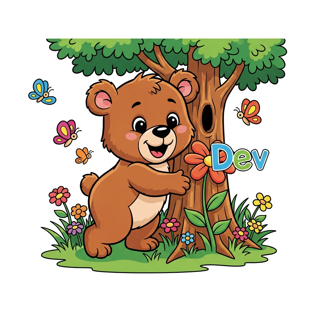 Custom design: A cheerful, cute cartoon baby bear cub exploring a lush green forest, surrounded by friendly butterflies and colorful...