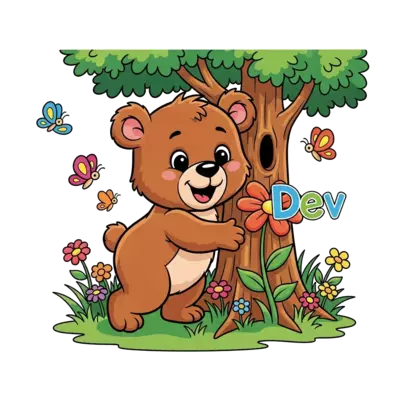 Design: A cheerful, cute cartoon baby bear cub exploring a lush green forest, surroun...