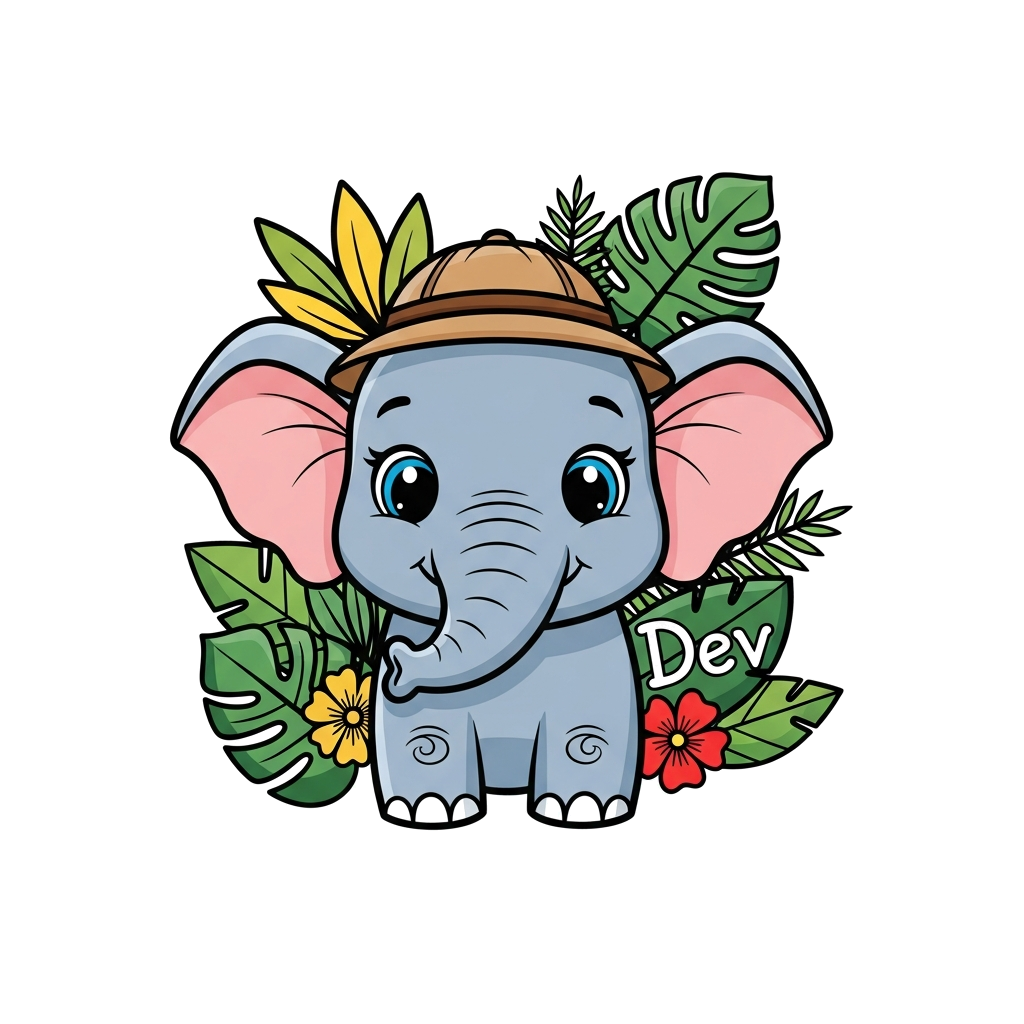 Custom design: A cute cartoon baby elephant with big friendly eyes, wearing a little explorer's hat, surrounded by jungle leaves and...
