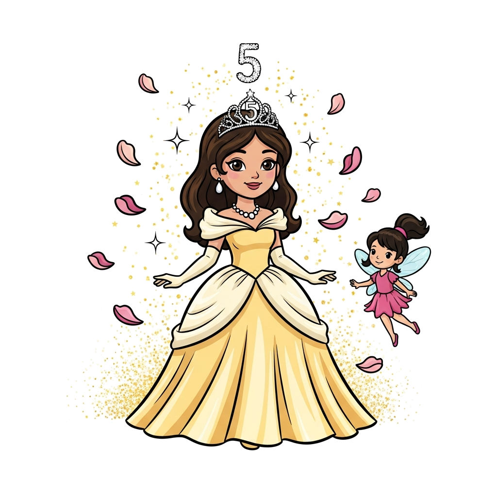 Custom design: A charming cartoon illustration of Princess Kaira (age 5) in a beautiful, flowing gown, wearing a sparkling tiara wit...
