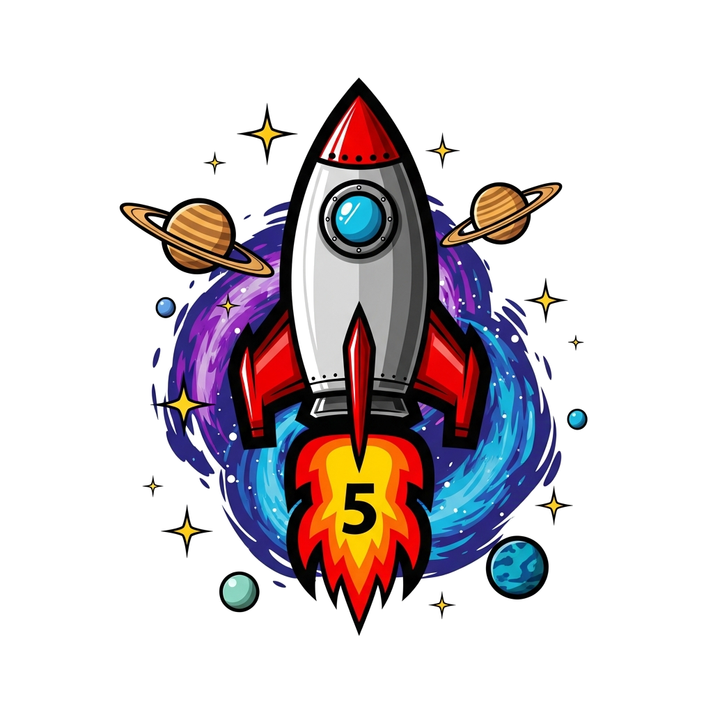 Custom design: A bold and cool cartoon rocket ship launching into space, with the number 5 integrated into its fiery exhaust, surrou...