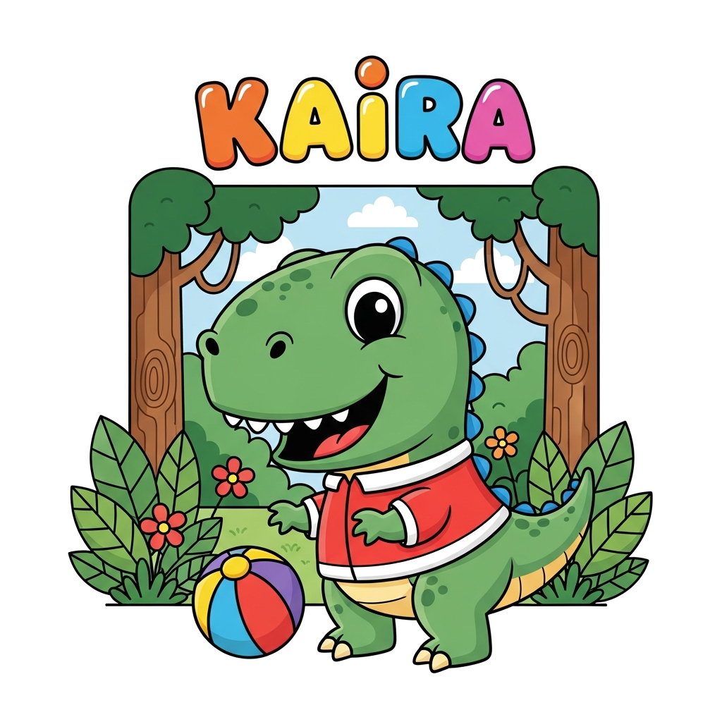 Custom design: A super cute, friendly baby T-Rex cartoon character, happily playing with a colorful ball in a lush jungle scene, wit...