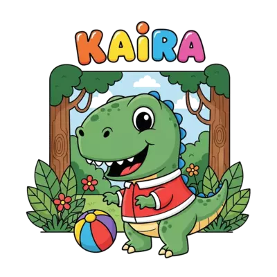 Design: A super cute, friendly baby T-Rex cartoon character, happily playing with a c...