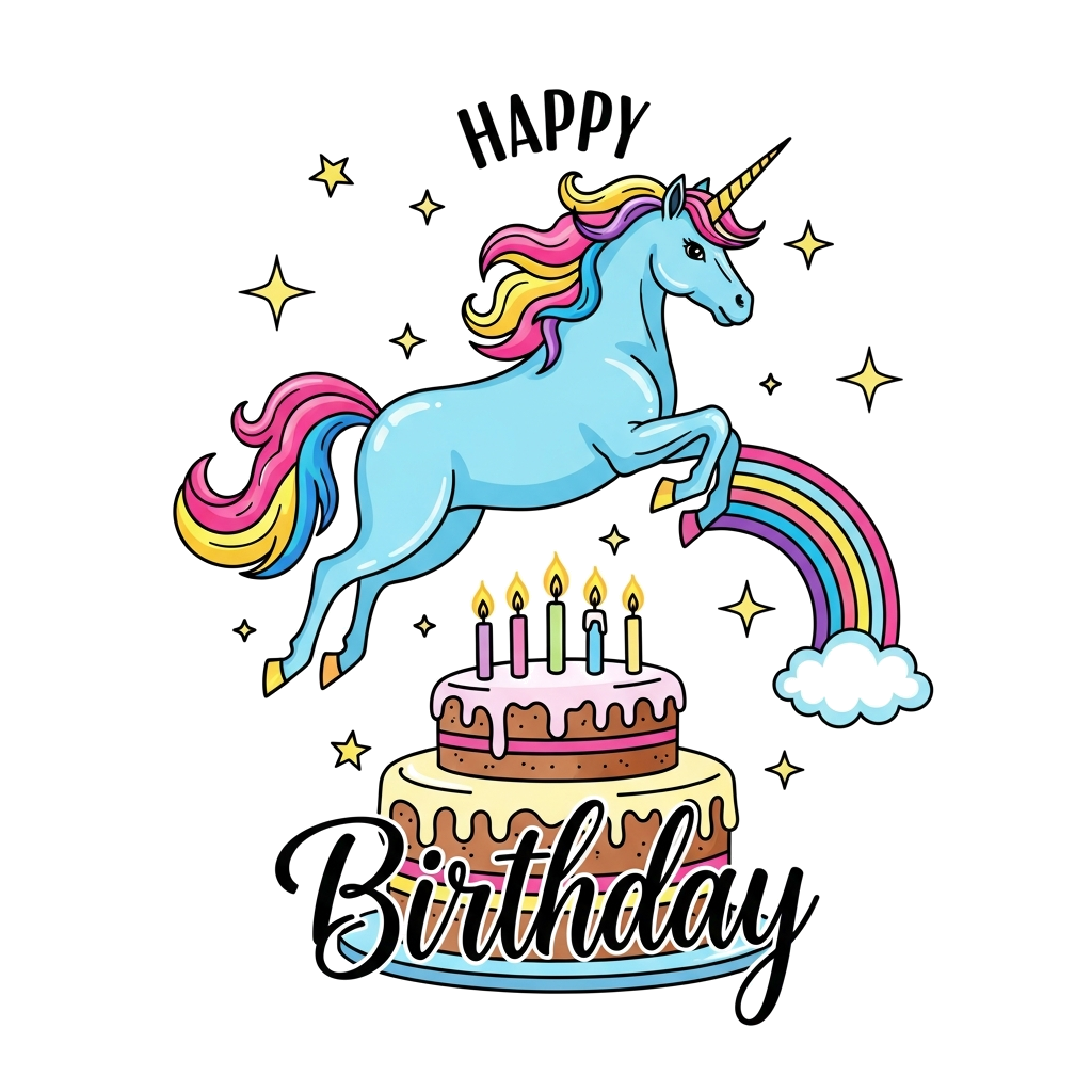 Custom design: A magical, brightly colored unicorn leaping over a layered birthday cake with 6 glowing candles. Sparkling stars and ...