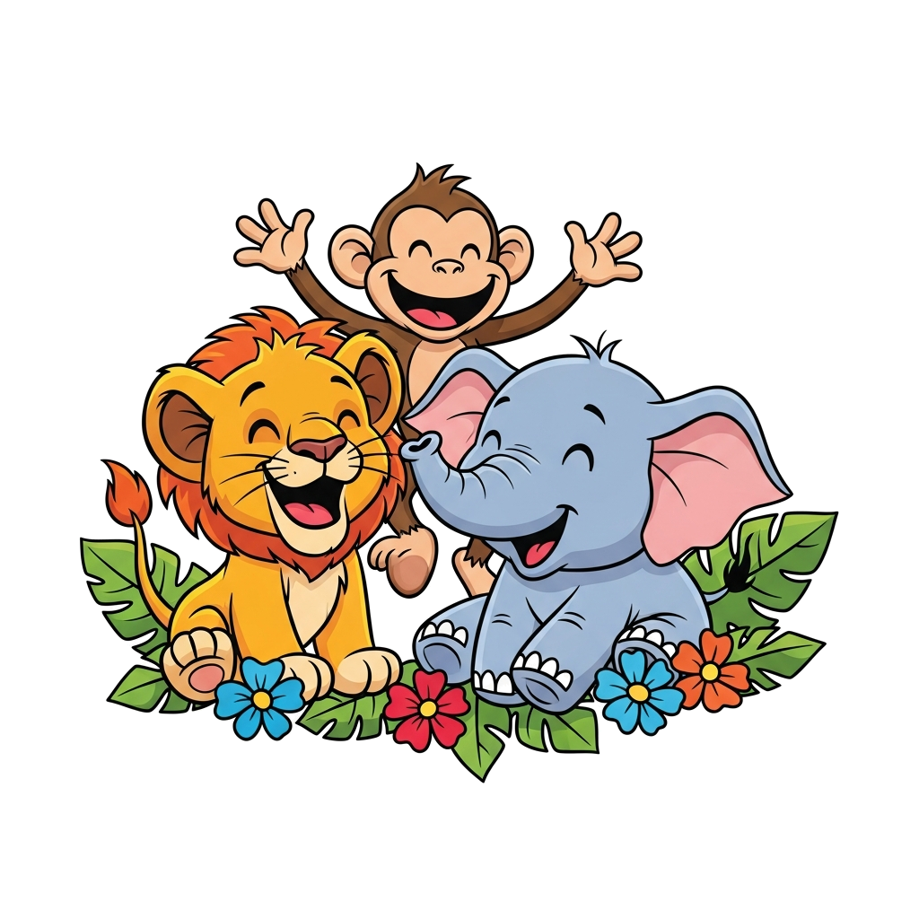 Custom design: A cheerful group of cartoon jungle animals – a playful lion cub, a mischievous monkey, and a sweet baby elephant – la...