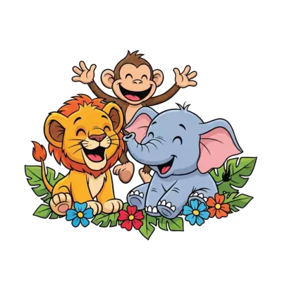 Design: A cheerful group of cartoon jungle animals – a playful lion cub, a mischievou...