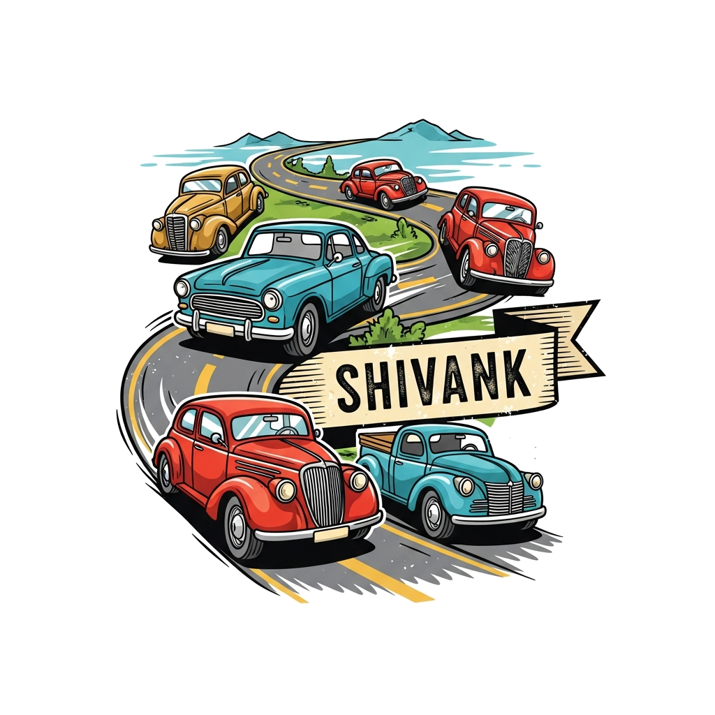 Custom design: A charming vintage-style illustration of classic cars and trucks on a winding road, with 'SHIVANK' subtly integrated ...