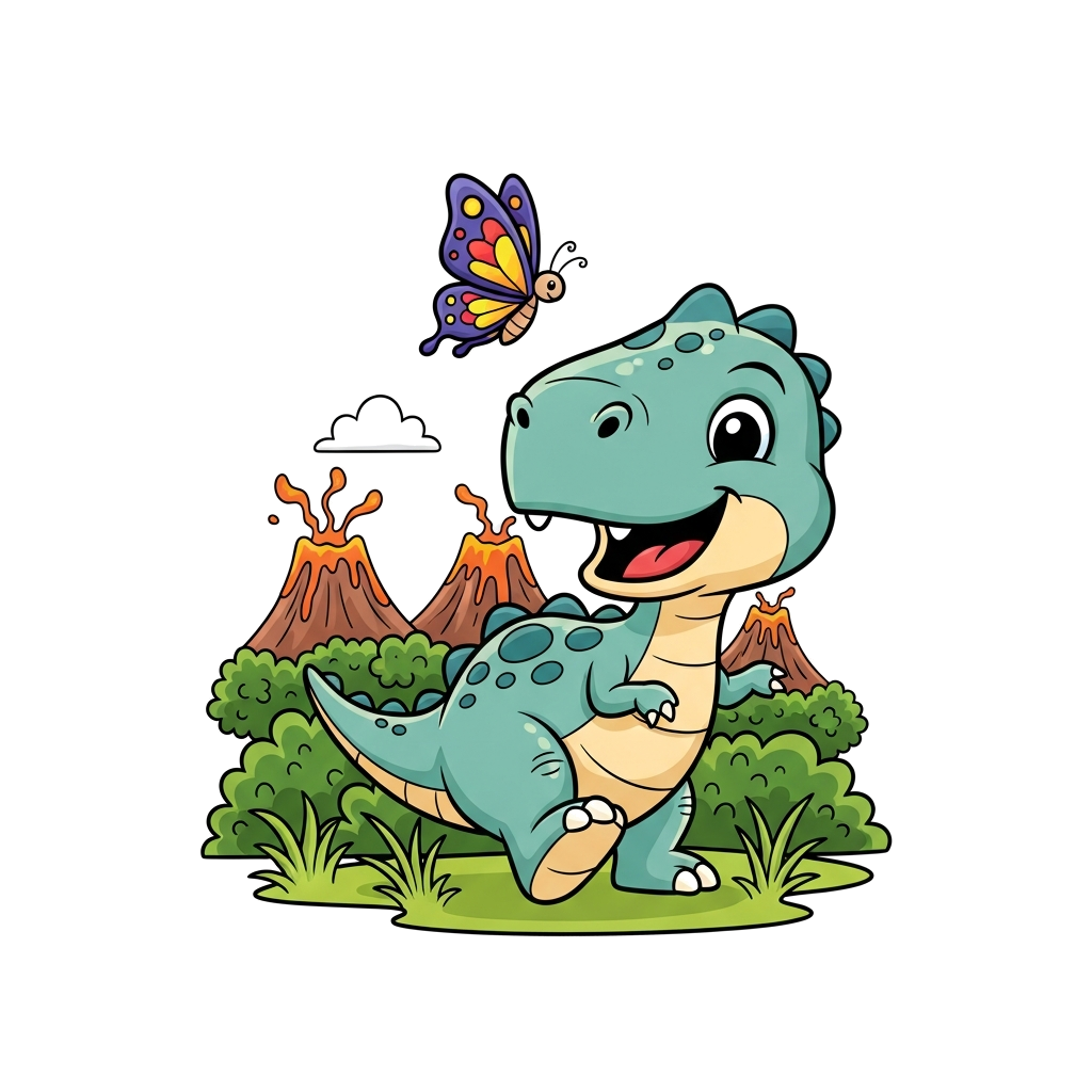 Custom design: A whimsical illustration of a happy baby dinosaur playing with a colorful butterfly in a lush, green prehistoric land...