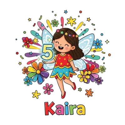 A cheerful, brightly colored cartoon fairy with sparkling wings, holding a glowing number '5'. She is surrounded by a burst of rainbow flowers, glittery stars, and floating confetti. 'Kaira' is written playfully in a vibrant, friendly font.