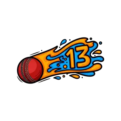 A dynamic, modern graphic illustration of a cricket ball mid-air, leaving a trail of abstract lines and shapes in vibrant blues and oranges, with the number 13 subtly integrated into the design.